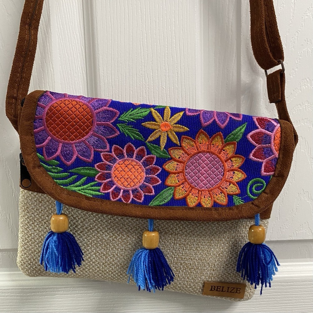 NEW Embroidered Floral Bag Belize Shoulder Crossbody-hand Made. Long Adj Strap